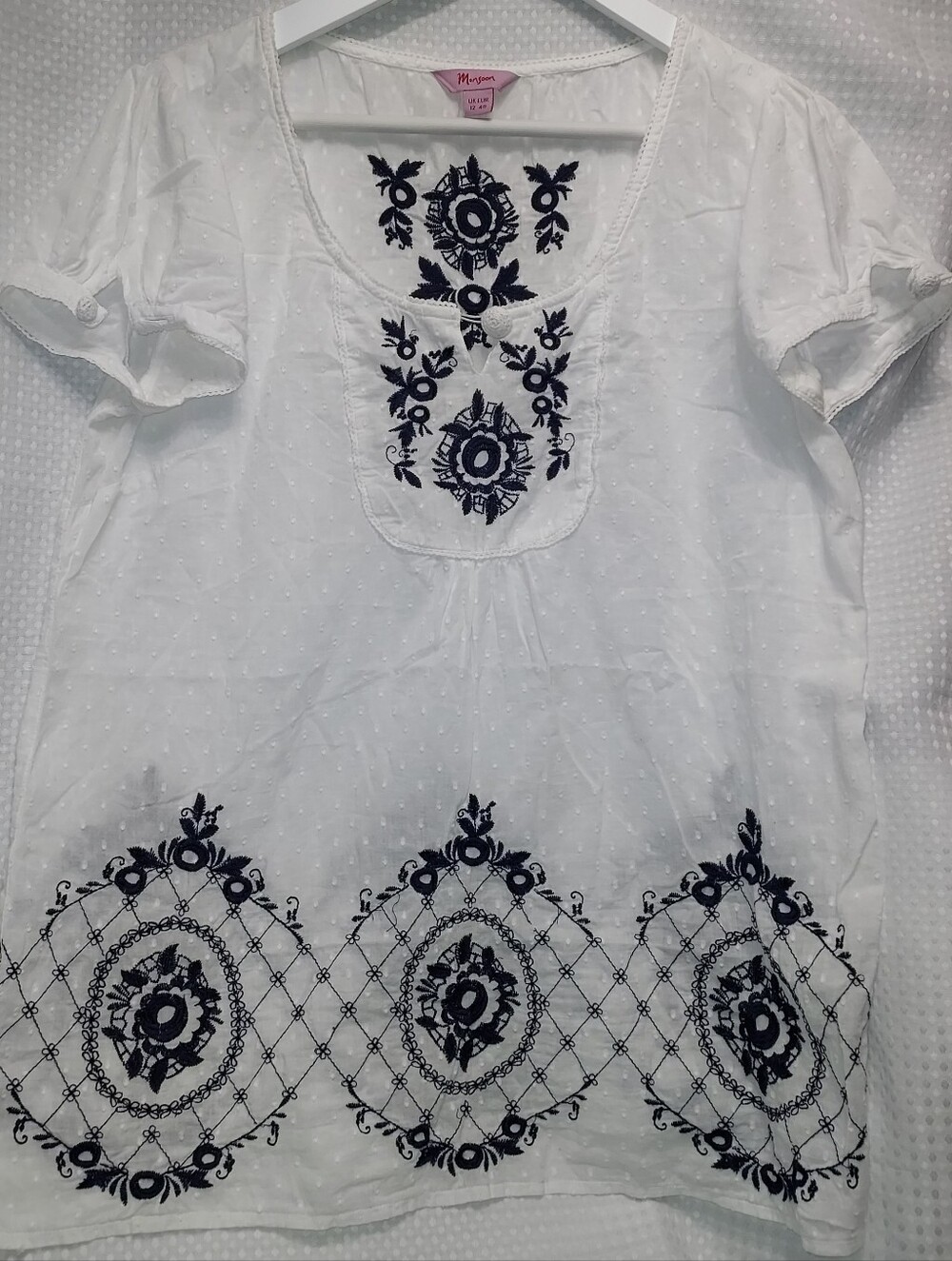 Monsoon White Short Sleeve Embroidered Boho Top with Navy Detail